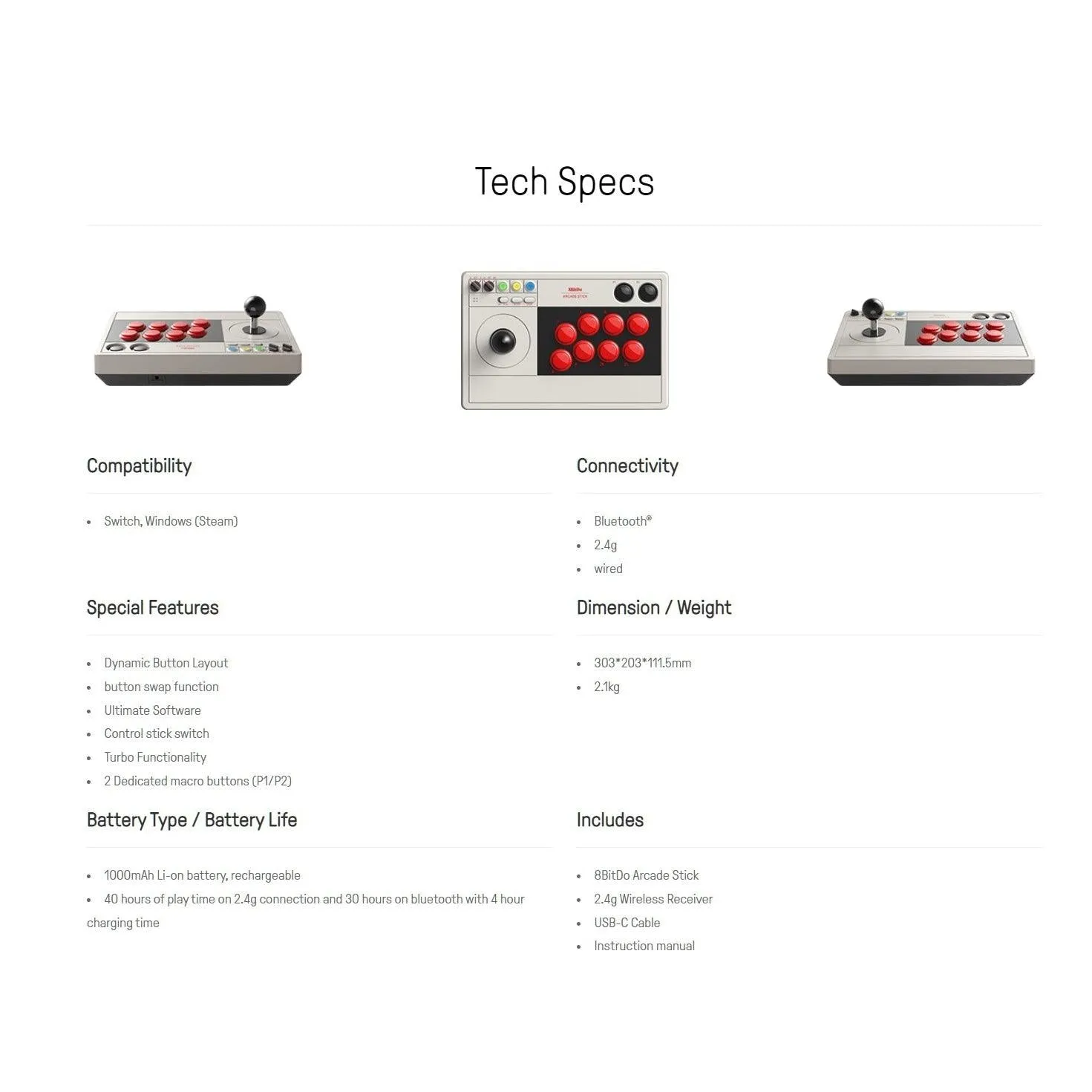 8BitDo Arcade Stick: Turbo & Macro Functions. Bluetooth, 2.4G and USB Wired Connectivity for Switch & Windows PC