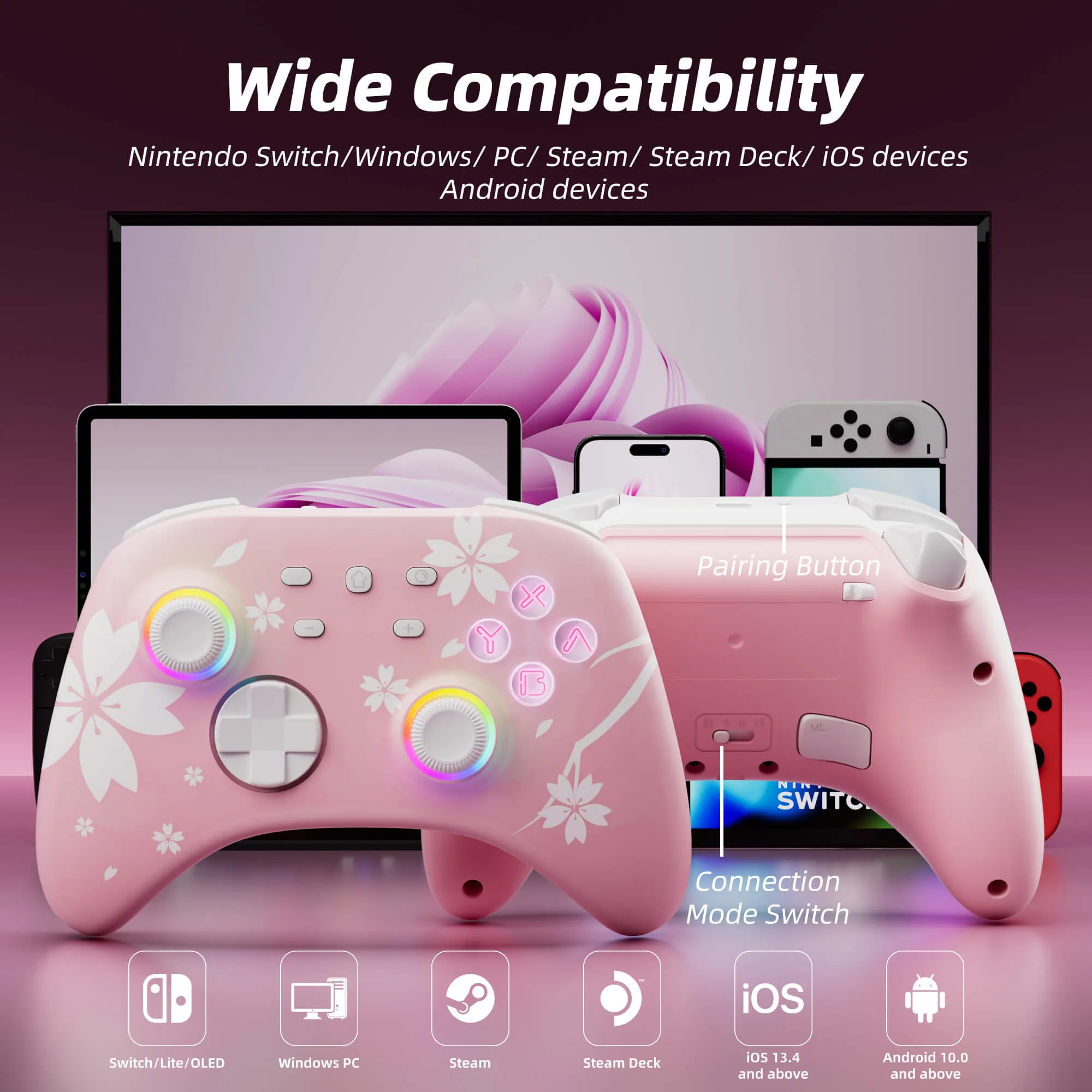 Mytrix Wireless Pro Controllers with Charging Dock, Sakura Pink Bluetooth RGB Controller with Hall Effect Joysticks/Hall Trigger (No Drift) for Nintendo Switch, Windows PC iOS Android Steam