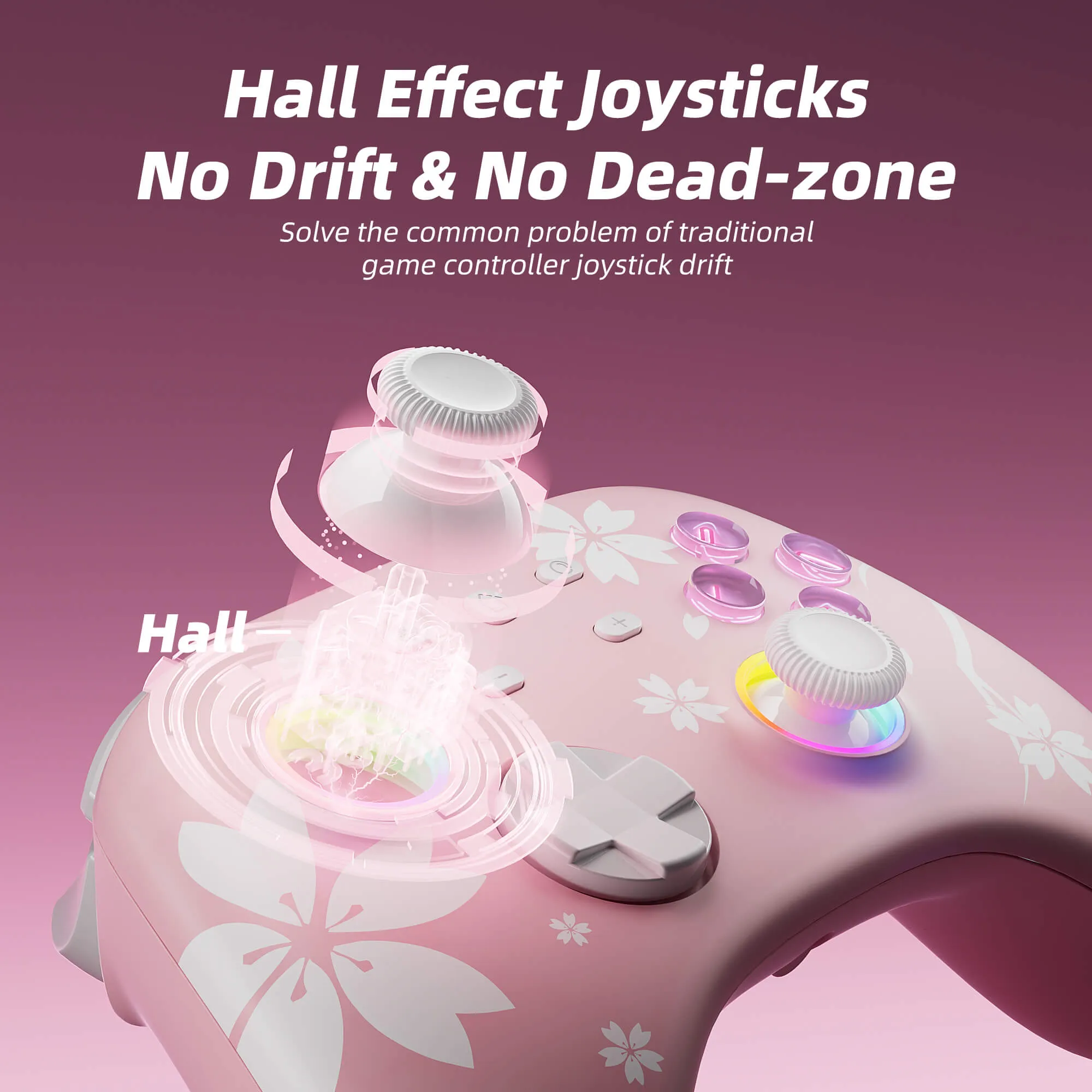 Mytrix Wireless Pro Controllers with Hall Effect Joysticks/Hall Trigger (No Drift) - Sakura Pink Bluetooth RGB Controller for Nintendo Switch/Lite/OLED, Windows PC, Steam, Steam Deck, iOS and Android Devices