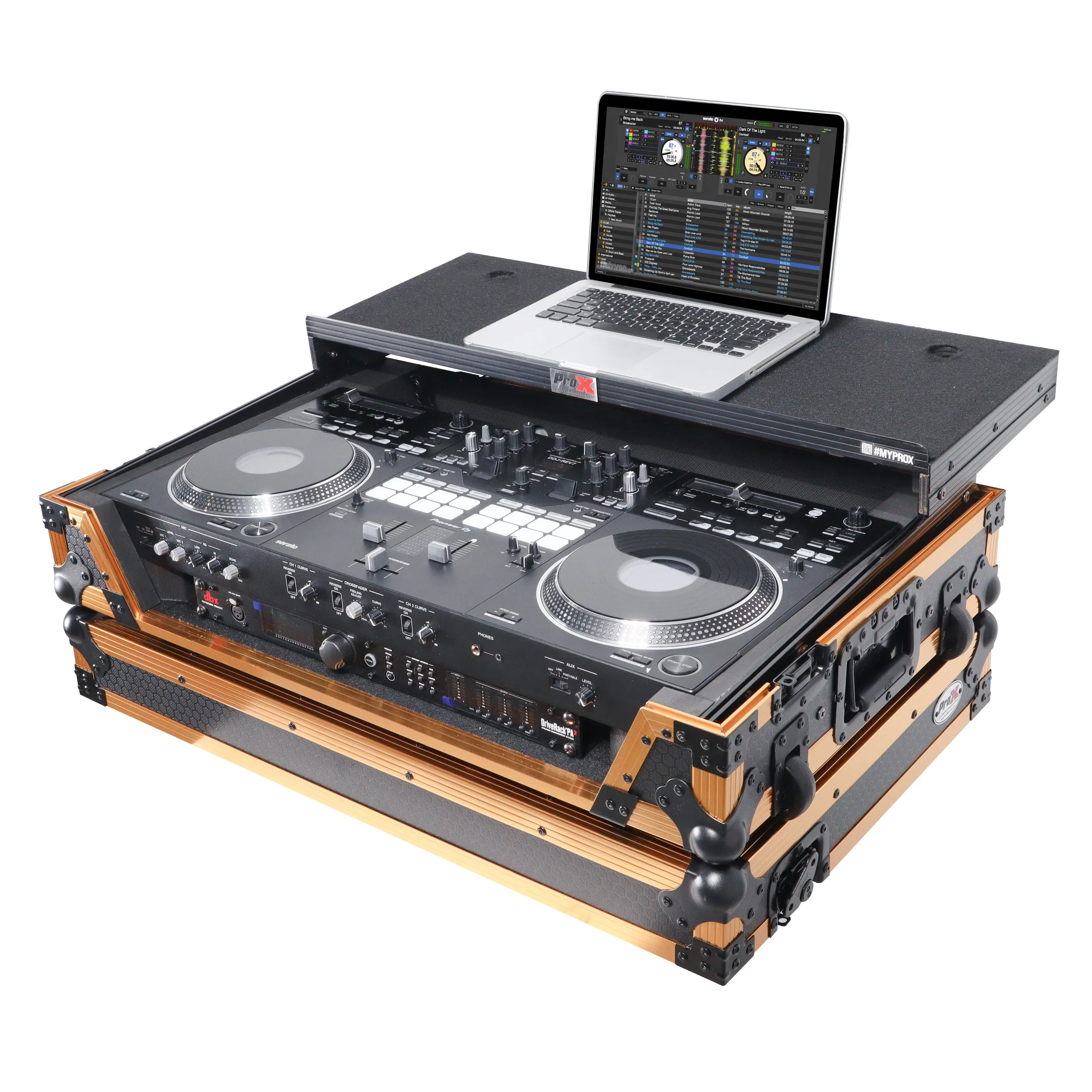 ProX XS-DDJREV7 WLT FGLD ATA Style Flight Case for Pioneer DDJ-REV7 DJ Controller with Laptop Shelf Wheels and 1U Rack Space Gold Black Finish