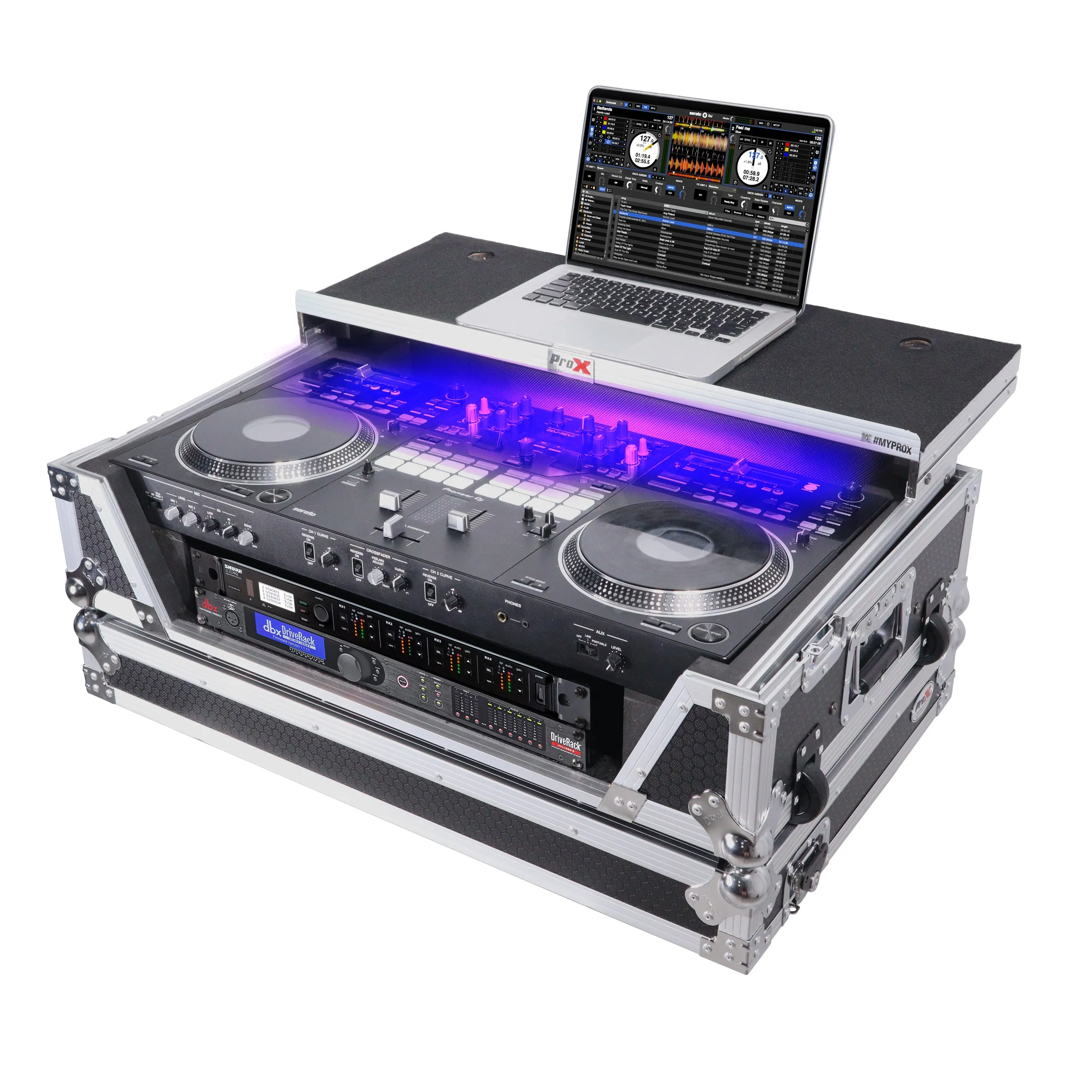 ProX XS-REV71K2U WLT LED ATA Style Flight Case for Pioneer DDJ-REV7 & DDJ-1000 SRT DJ Controller with 2U Rack Space Laptop Shelf Wheels LED kit