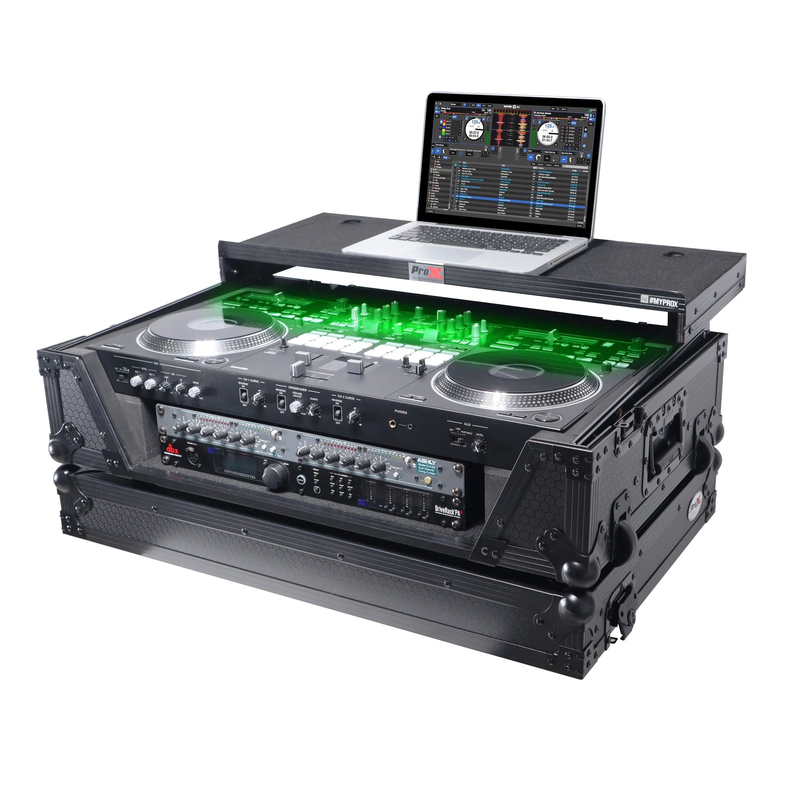 ProX XS-REV71K2U WLTBL LED ATA Style Flight Case for Pioneer DDJ-REV7 DDJ-1000 SRT DJ Controller with 2U Rack Space Laptop Shelf Wheels LED Black Finish